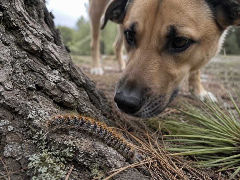 una oruga procesionaria en un pino y un perro que se acerca curioso