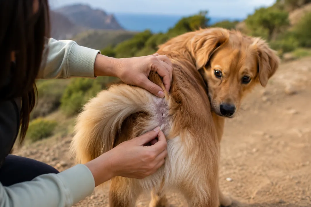 Persona revisando la cola de su perro para detectar irritaciones o parásitos.