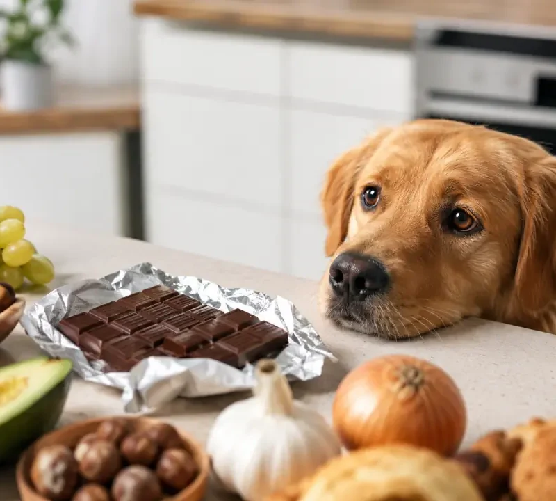 un perro observa alimentos tóxicos en una mesa