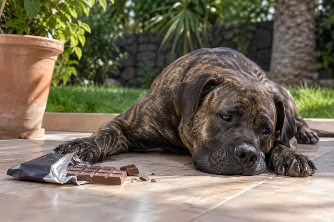 perro tumbado junto a una tableta de chocolate con síntomas